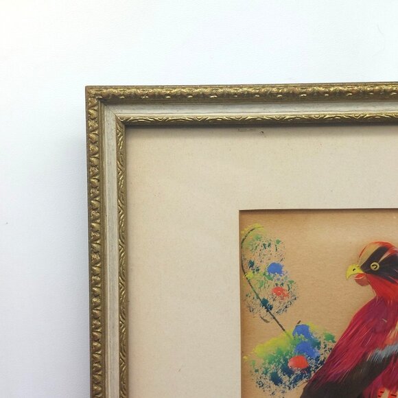 Vintage Feather Art Bird Painting in Ornate Gold Frame 7 5/8 x 9 5/8 Handcrafted - Picture 3 of 4